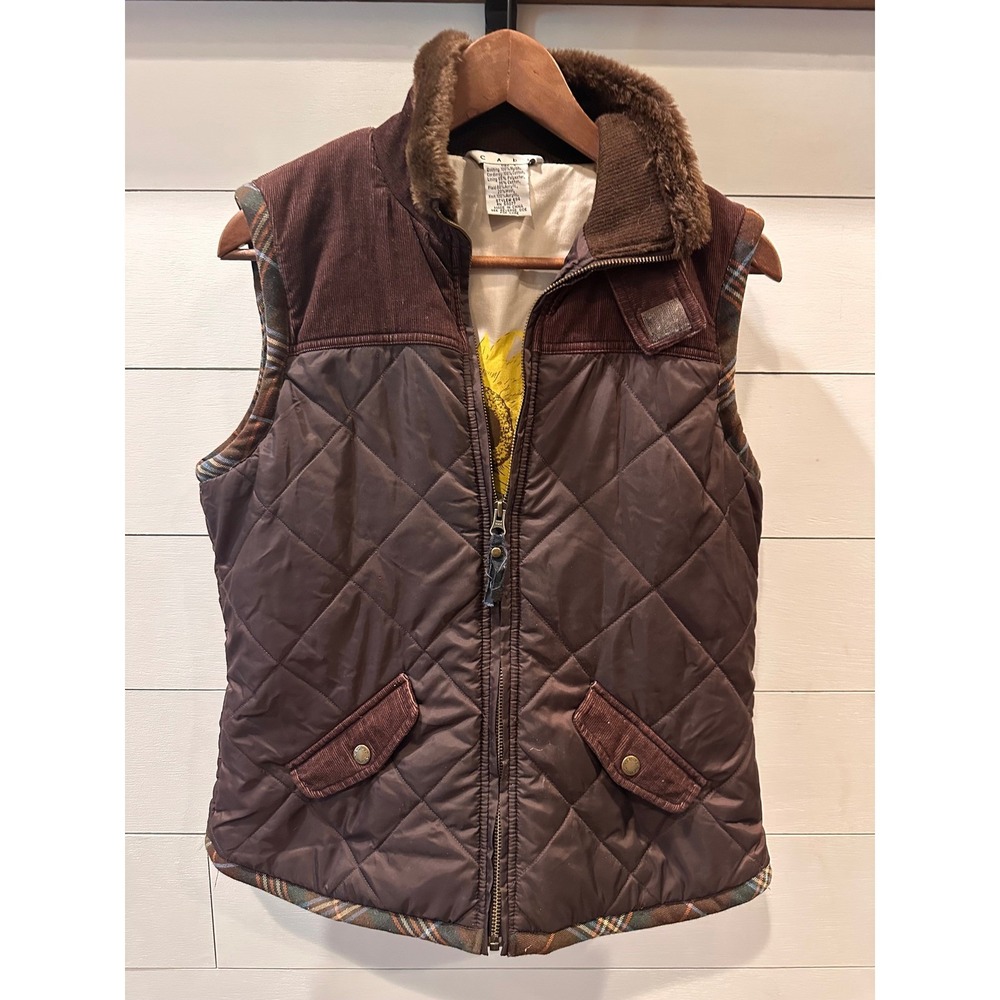 Cabi Brown Quilted Vest Corduroy Trim Sunflower Lining Faux Fur Collar 694 Med
